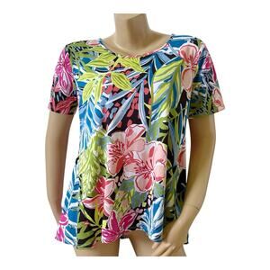 SUNNY LEIGH Womens Size Large Short Sleeve Tropical Floral Print Stretch Shirt